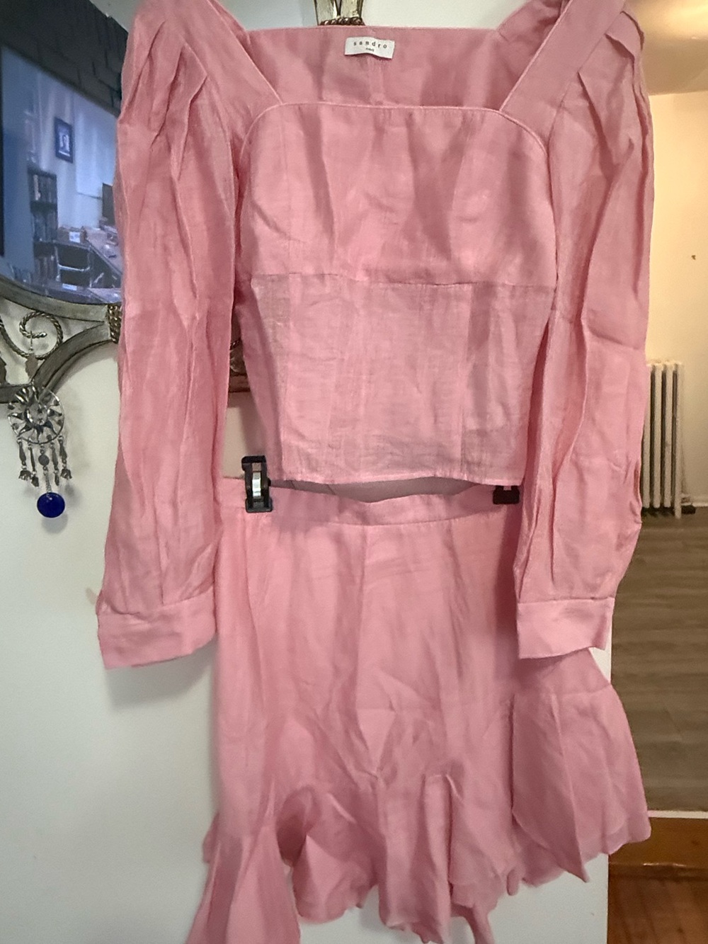 NWT Sandro Paris Rose Linen 2 Piece Set - Crop Top 3 + Ruffle Mini Skirt 2 - M/L
